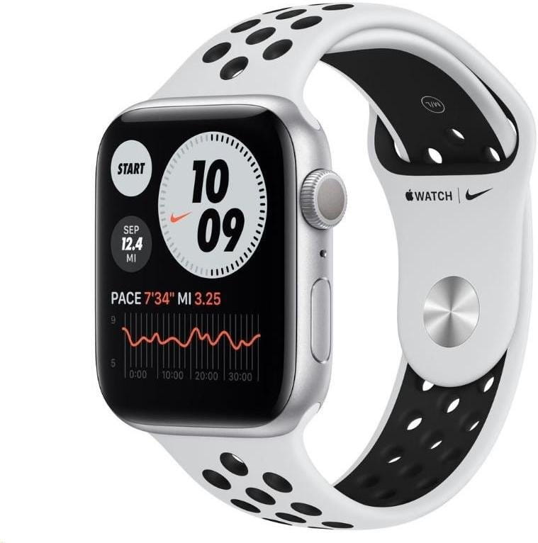 Apple Watch S6 GPS, 44mm Silver Aluminium Case with Pure Platinum/Black Sport Band